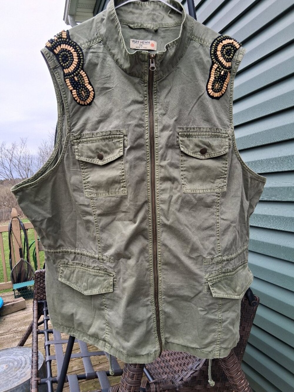 Ladies Ruff Hewn Beaded  Zipper Utility Safari Vest- size 3XL- Olive